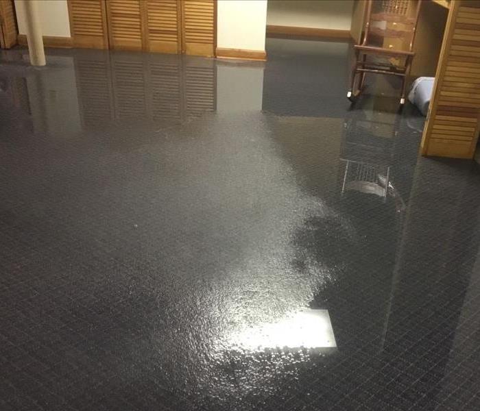 Blue carpeted basement with standing water